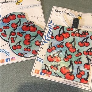 Cool Cherries - Car Coasters  2pc + Unscented Air Freshie for your car